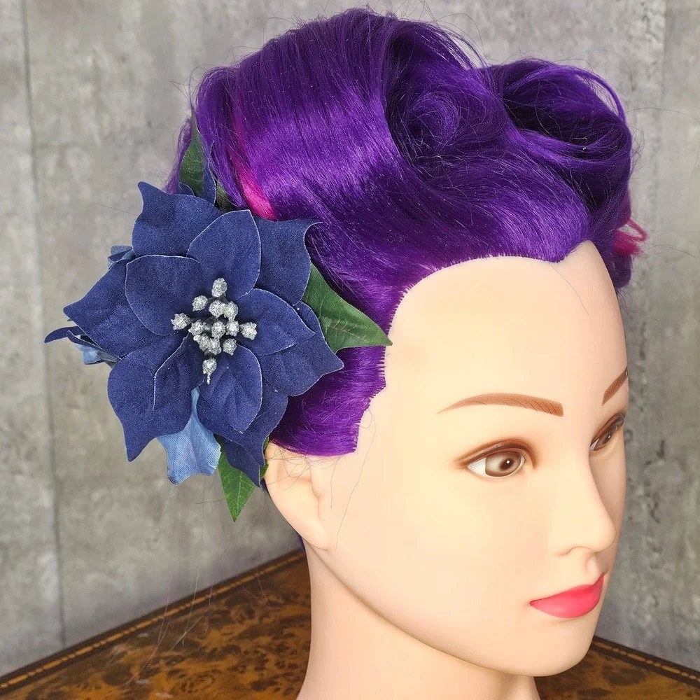 Handmade Navy Blue Poinsettia Hair Flower Clip Holiday Winter Glitter‎ Pinup